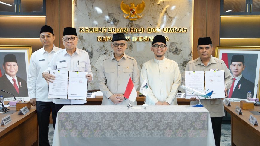 Kemenhaj RI dan Garuda Indonesia Teken Kontrak Tahun Jamak Transportasi Udara Haji hingga 2028