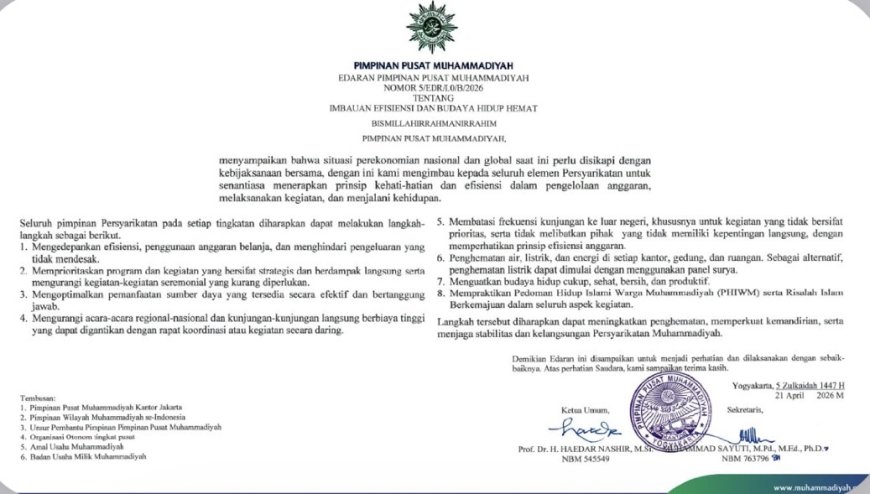 Edaran PP Muhammadiyah Tentang Imbauan Efisiensi dan Budaya Hidup Hemat
