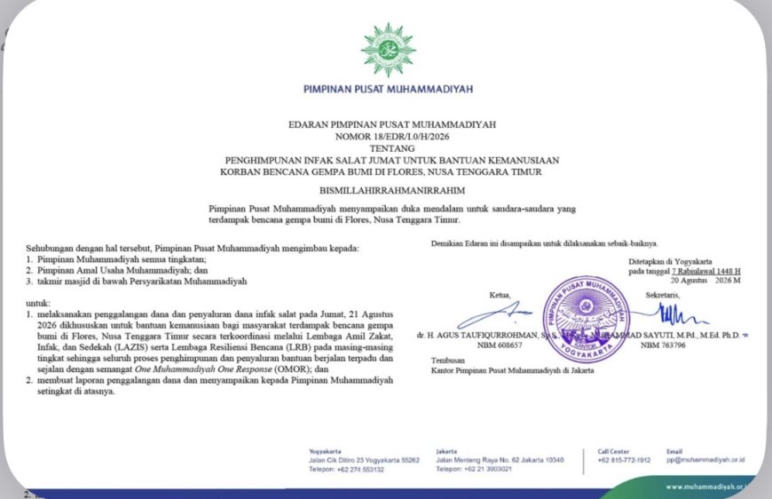 PP Muhammadiyah Terbitkan Edaran Tentang Penghimpunan Infak Salat Jumat untuk Korban Gempa Bumi di Flores