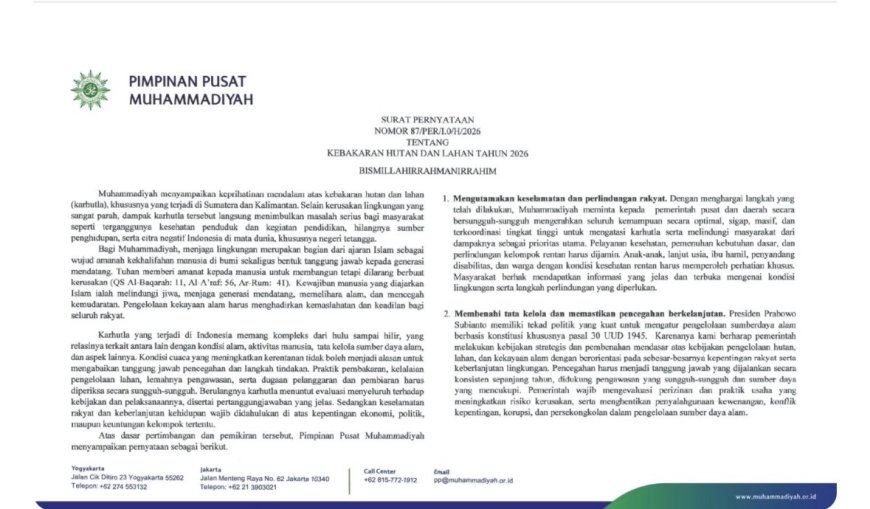 Muhammadiyah Terbitkan Surat Pernyataan Tentang Kebakaran Hutan dan Lahan Tahun 2026